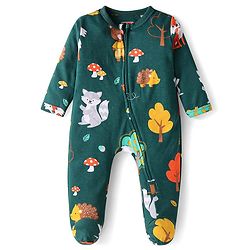 Babyhug Cotton Knit Full Sleeves Footed Sleepsuit with Animal Print - Dark Green