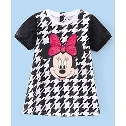 Babyhug Disney Cotton Knit Half Mesh Detailed Sleeves Frock With Mickey Mouse Graphics & Sequins Detailing - Black & White