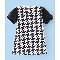 Babyhug Disney Cotton Knit Half Mesh Detailed Sleeves Frock With Mickey Mouse Graphics & Sequins Detailing - Black & White