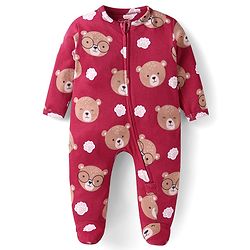 Babyhug Cotton Knit Full Sleeves Sleep Suit With Teddy Bear Print - Maroon