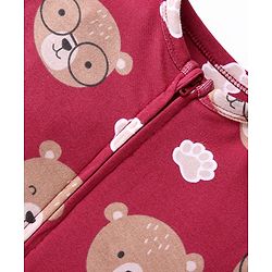 Babyhug Cotton Knit Full Sleeves Sleep Suit With Teddy Bear Print - Maroon