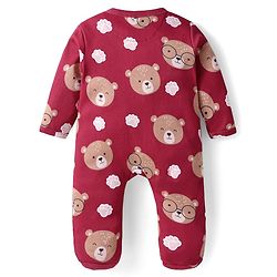Babyhug Cotton Knit Full Sleeves Sleep Suit With Teddy Bear Print - Maroon
