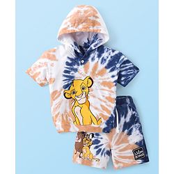 Babyhug Disney Cotton Knit Half Sleeves Hooded Tie & Dye Sweatshirt & Shorts Set With Lion King Graphics & Badge Detailing - Brown & Navy