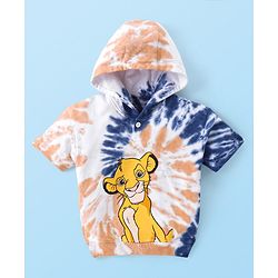 Babyhug Disney Cotton Knit Half Sleeves Hooded Tie & Dye Sweatshirt & Shorts Set With Lion King Graphics & Badge Detailing - Brown & Navy