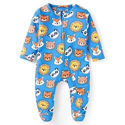 Babyhug Cotton Knit Full Sleeves Sleep Suit With Animals Print - Blue
