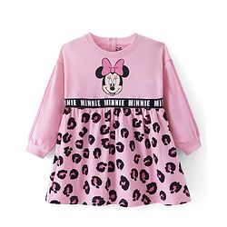 Babyhug Disney Cotton Knit Full Sleeves Frock With Minnie Mouse Graphics - Pink