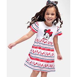 Babyhug Disney Cotton Knit Frill Sleeves Frock With Minnie Mouse Graphics and Badge Detailing - White & Red