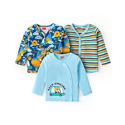 Babyhug Interlock Knit Full Sleeves Front Open Vests With Stripes & Animal Print Pack of 3 - Blue