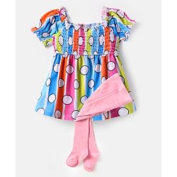Babyhug Cotton Knit Half Sleeves Polka Dot Printed Frock With Colour Block Design & Stockings - Blue