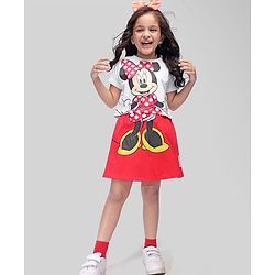 Babyhug Disney Cotton Knit Half Sleeves Top & Skirt Set With Mickey Mouse Graphics & Badge Detailing - Red & White