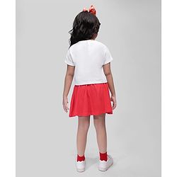 Babyhug Disney Cotton Knit Half Sleeves Top & Skirt Set With Mickey Mouse Graphics & Badge Detailing - Red & White