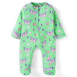Babyhug Cotton Knit Full Sleeves Butterfly Printed Front Open Sleepsuit - Light Green