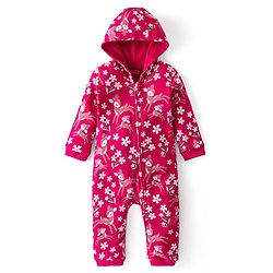 Babyhug 100% Cotton Knit Full Sleeves Hooded Romper with Floral Print - Dark Pink