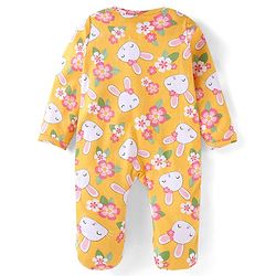 Babyhug Cotton Knit Full Sleeves Front Open Footed Sleep Suit with Floral & Bunny Print - Yellow