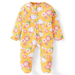 Babyhug Cotton Knit Full Sleeves Front Open Footed Sleep Suit with Floral & Bunny Print - Yellow