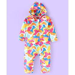Babyhug 100% Cotton Knit Full Sleeves Printed Hooded Front Open  Romper - Pink Yellow & Red