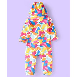 Babyhug 100% Cotton Knit Full Sleeves Printed Hooded Front Open  Romper - Pink Yellow & Red