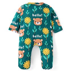 Babyhug Cotton Knit Full Sleeves Front Open Footed Sleepsuit with Bear & Floral Print - Dark Green