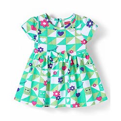 Babyhug Single Jersey Knit Half Sleeves Floral Printed Frock With Bow Applique - Sea Green