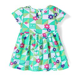 Babyhug Single Jersey Knit Half Sleeves Floral Printed Frock With Bow Applique - Sea Green