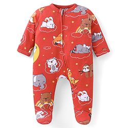 Babyhug Cotton Knit Full Sleeves Front Open Footed Sleepsuit with Animals Print - Red