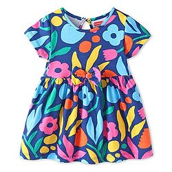 Babyhug Single Jersey Knit Half Sleeves Frock with Floral Print & Bow Applique - Navy Blue