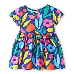 Babyhug Single Jersey Knit Half Sleeves Frock with Floral Print & Bow Applique - Navy Blue