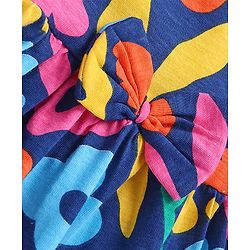 Babyhug Single Jersey Knit Half Sleeves Frock with Floral Print & Bow Applique - Navy Blue