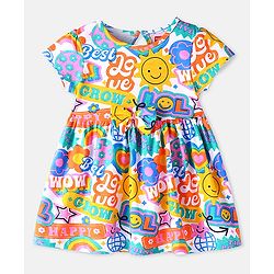 Babyhug Single Jersey Knit Half Sleeves Frock with Smiley Print & Bow Applique - White Blue & Yellow