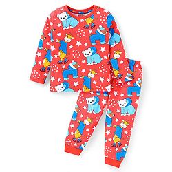 Babyhug Cotton Knit Full Sleeves Night Suit with Bear Print - Red