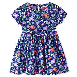 Babyhug Single Jersey Knit Half Sleeves Frock with Floral Print & Bow Applique - Navy Blue