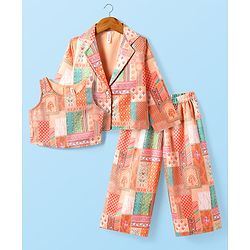 Babyhug Woven Top with Three Fourth Sleeves Printed Jacket & Palazzo - Peach