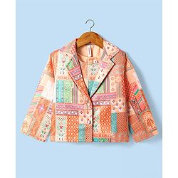 Babyhug Woven Top with Three Fourth Sleeves Printed Jacket & Palazzo - Peach