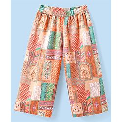 Babyhug Woven Top with Three Fourth Sleeves Printed Jacket & Palazzo - Peach