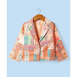 Babyhug Woven Top with Three Fourth Sleeves Printed Jacket & Palazzo - Peach