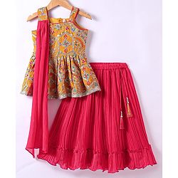 Babyhug Woven Sleeveless Embroidered Choli & Flared Lehenga with Dupatta - Dark Pink & Orange