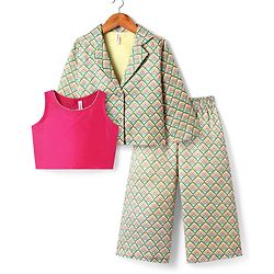 Babyhug Woven Top with Three Fourth Sleeves Printed Jacket & Palazzo - Light Green & Dark Pink