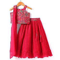 Babyhug Chiffon Woven Sleeveless  Lehenga Choli with Dupatta Set Floral Embroidery - Dark Pink