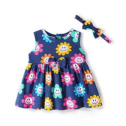 Babyhug Single Jersey Knit Sleeveless Floral Printed Frock with Headband & Bow Applique - Navy Blue