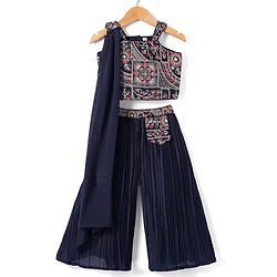 Babyhug Georgette Woven Sleeveless Floral Embroidered & Sequinned Top With Palazzo and Dupatta Set - Navy Blue