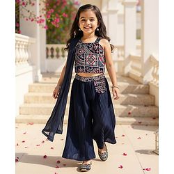 Babyhug Georgette Woven Sleeveless Floral Embroidered & Sequinned Top With Palazzo and Dupatta Set - Navy Blue