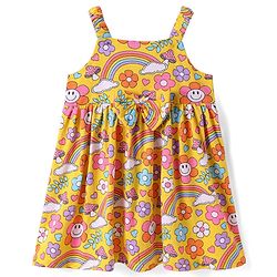 Babyhug Single Jersey Knit Sleevless Frock with Floral Rainbow Print & Bow Applique - Yellow