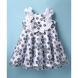 Babyhug Woven Frill Sleeves Party Dress with Floral Glitter Print & Bow Applique - White
