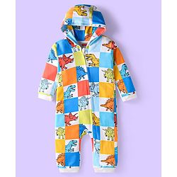 Babyhug 100% Cotton Knit Full Sleeves Hooded Dino Printed Romper - White & Blue