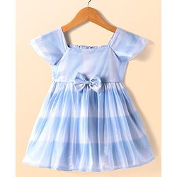 Babyhug Woven Sleeveless Fit & Flare Shimmered Frock with Bow Detailing - Light Blue