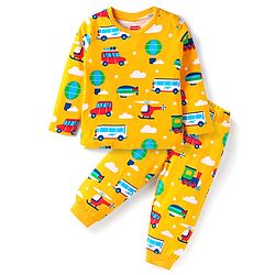 Babyhug Cotton Knit Full Sleeves Car Printed Night Suit - Yellow