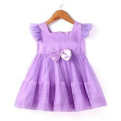 Babyhug Woven Frill Sleeves Solid Colour Fit & Flared Party Frock with Bow Applique - Lilac