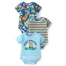 Babyhug 100% Cotton Knit Half Sleeves Striped & Tiger Printed Onesies Pack of 3 - Light Blue & Navy