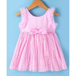 Babyhug Woven Sleeveless Fit & Flared Textured Party Frock with Bow Applique - Pink