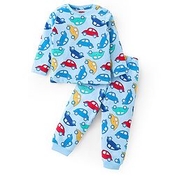 Babyhug Cotton Knit Full Sleeves Night Suit With Vehicle Print - Blue